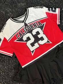 Coolane Kids Tween Girl Fall Jersey T-Shirt Spring/Summer Streetwear Graphics Red V-Neck Crop Tees Jersey Crop Tops, Red Top, School,Back To School,Homecoming - Black - View 6