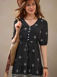 Wildy Women's Summer Casual Country Holiday Bohemian Print Drawstring Waist Midi Dress Vacation Outfits Woman Teacher Outfits For Women Western Wear Women Boho Country Vacation Dress Black Summer Dress Women Button Up Dress Black Embroidered Dress Western