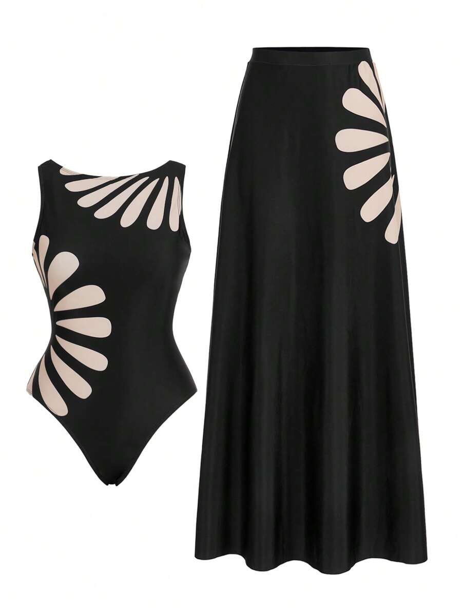 Swim Oasis 女式印花圆领连体泳衣（含裙摆）