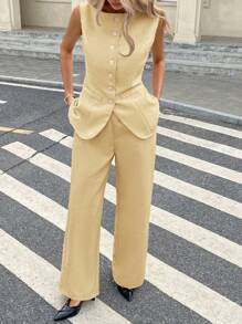 Serisse Women's Solid Color Button Decor Sleeveless Top And Long Pants Two Pieces Outfit, Simple Office Commute Summer Casual - Yellow - View 5