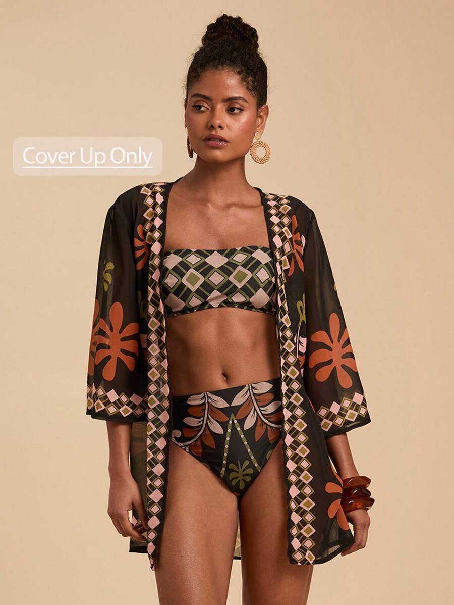 Travachic 全身印花V领系带休闲度假和服罩衫，夏季服装，女士夏季服装，女士泳衣