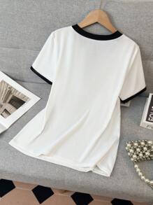 SHEIN Clasi Camiseta casual de mujer de manga corta con cuello en V, bloque de color y detalle de lazo