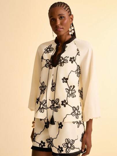 CAJUNI Women's Tropical Embroidered Black Vacation Casual Puff Sleeve V-Neck Blouse Fall Clothes For Women Fall Outfits For Women Casual Blouse For Women