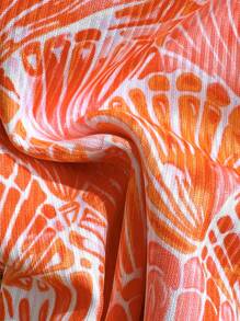 Swim Mod 2pcs/Set Women Beach Summer Outfits - Random Print, Ribbed Texture Fabric, Shell Decor Halter Top And Side Tie Bikini Bottom Boho Swimsuit Holiday Vacation