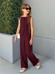 SHEIN 2pcs Tween Girls Set: Casual Fashion Tank Top Vest And Extra Long Pants Girls Wide Leg Pantsuit