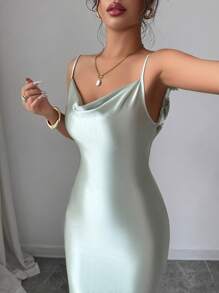 Elenzga Women's Elegant Summer Evening Dress, 3D Floral, Satin Spaghetti Strap Backless Waist Cinched Dress, Suitable For Gala, Party, Luxury Evening Gown - Green - View 6