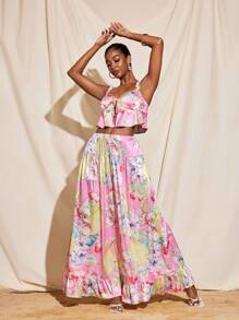 Becci Summer Floral Printed Satin Ruffle Straps Top And Elastic Waist Maxi Skirt Set Elegant Co-Ords