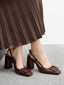 CUCCOO BIZCHIC Women's Square Toe Chunky Heel Brown PU Smooth Material Fashionable Simple Comfortable Daily & Party Buckle Strap Flat Shoes For Christmas - Brown - View 6