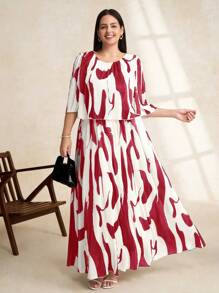 Chikora 夏季女士加大码优雅几何印花雪纺荷叶边连衣裙 - 紅色 - 查看 1