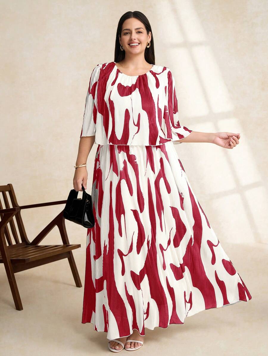 Chikora 夏季女士加大码优雅几何印花雪纺荷叶边连衣裙 - 紅色 - 查看 1