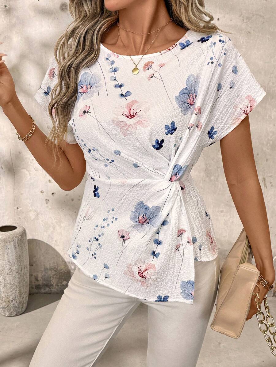 SHEIN Clasi 女士花卉印花圆领短袖腰衬衫裙，适合度假穿着 - 白色 - 查看 1