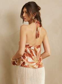 L'Amorae Women Halter Neck Boho Linen Printed Casual Summer Vacation Top