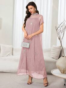 Al Najma Gaun Maxi Chiffon Semi-Transparan Wanita Elegan dengan Kerah Mandarin, Hiasan Mutiara Imitasi dan Berlian Imitasi - Berwarna merah muda - View 6