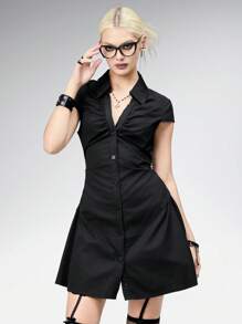 ROMWE Vintage Dark Gothic Sexy V-Neck Drawstring Waist Shirt Dress - Black - View 5