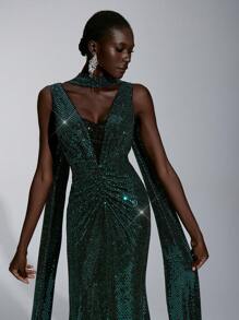 Elitara Abito elegante, romantico e meraviglioso da donna, con scollo a V profondo, collo alla halter, impreziosito da eleganti paillettes, maglia elastica lavorata a maglia, taglio slim a coda di pesce con plissettatura, adatto per cene, feste, compleanni, balli, matrimoni, eventi formali, lauree, festival musicali e altre occasioni serali.