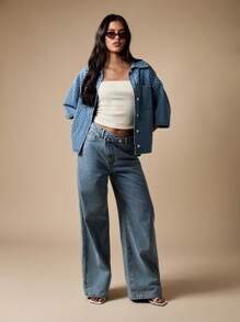 MISSGUIDED 高腰阔腿牛仔裤复古 Y2K 风格牛仔裤休闲宽松个性下装现代时尚秋冬 - 淺色水洗藍 - 查看 5