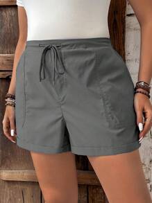 Calvaya Plus Size Summer Holiday Leisure Solid Color Drawstring Waist Shorts - Grey - View 4