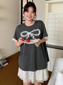 Dazy Plus Bow Decor Round Neck Top + Polka Dot Lace Splice Pants Pajama Set