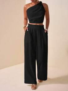 Zivah 2025 Summer New Style For Birthday Parties, Back To School Season, Student Wear, Daily Outings, Basic And Versatile, Leisure, Vacation, Cruise Travel, Beach, Seaside, Sunbathing, Popular Online Style, Elegant, Commuting, Business Casual, One Shoulder, Knot, Off-Shoulder And Backless, Cropped Women's Tops And Straight Loose Trousers, Ruffled Edges, Pockets, Textured Vertical Stripes, Black, Summer Suits, Women's Two-Piece Suits - Black - View 1