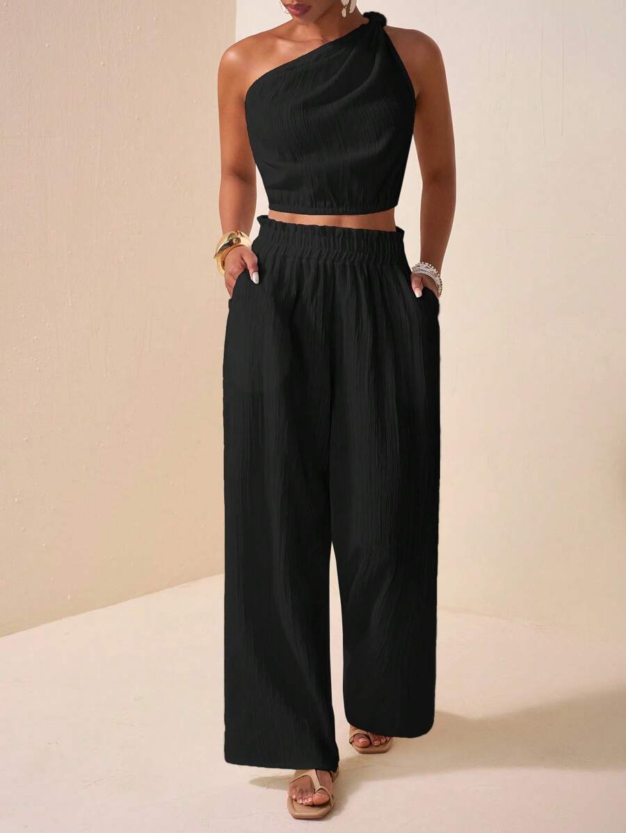 Zivah 2025 Summer New Style For Birthday Parties, Back To School Season, Student Wear, Daily Outings, Basic And Versatile, Leisure, Vacation, Cruise Travel, Beach, Seaside, Sunbathing, Popular Online Style, Elegant, Commuting, Business Casual, One Shoulder, Knot, Off-Shoulder And Backless, Cropped Women's Tops And Straight Loose Trousers, Ruffled Edges, Pockets, Textured Vertical Stripes, Black, Summer Suits, Women's Two-Piece Suits - Black - View 1