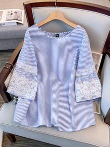 Regalyn Maglietta ampia a righe e stampe per donne di taglia grande, semplice con collo rotondo, con inserti in pizzo, adatta per uscire, vacanze, stile boho estivo