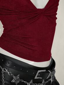 SHEIN ICON 休闲深V领扭结吊带背心，夏季时尚 - 酒紅色 - 查看 7