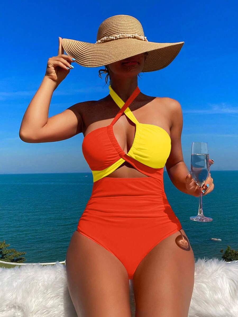 BamGleam 女士度假撞色交叉镂空性感吊带连体泳衣 - 橘色 - 查看 1