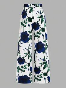 SHEIN Clasi 大码高腰印花休闲裤，简约风格，适合日常穿着，情人节春季女装，情人节简约可爱节日服装，女士优雅阔腿裤 - 彩色 - 查看 2