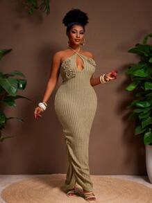 Veslaya 2025 春夏新款海滩度假休闲派对优雅性感露背钩针镂空荷叶边紧身透视鸡尾酒会连衣裙，大码女款