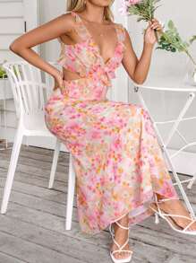 SHEIN VCAY Elegantes Blumenprint Kleid mit Hohlmuster in Große Größen, Sommerliches Blumenprint Kleid - Pink - Übersicht 5