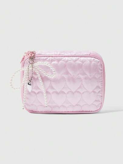 Kawaii Pink Satin Quilted Heart-Shaped Cosmetic Bag + Pearl Bow Decor Pendant