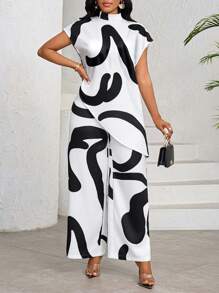 SHEIN Lady 夏季优雅通勤简约几何印花两件套女两件套服装女夏装女度假装女两件套服装女 - 黑與白 - 查看 5