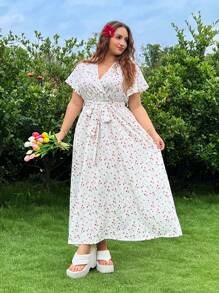 SHEIN EZwear Váy nghỉ lễ thường ngày họa tiết hoa màu trắng cỡ lớn - trắng - Xem 6