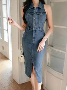 DAZY Western Style Denim Dress For Women, Sleeveless Jean Dress With Distressed Details And Side Slit