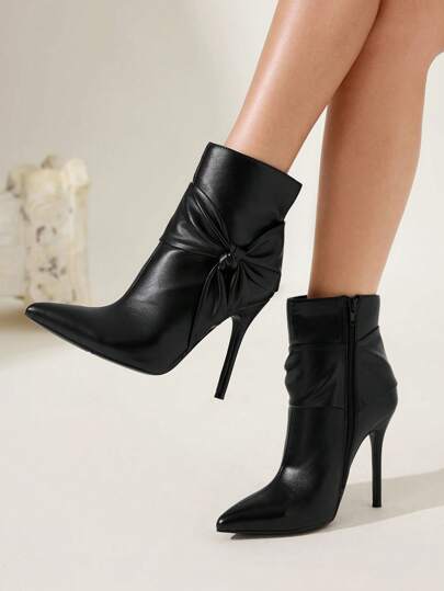 CUCCOO CHICEST 女士结饰设计尖头细高跟靴，优雅办公室通勤黑色仿皮时尚踝靴，适合下午茶、约会、职场装扮，百搭基础款