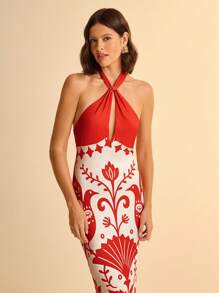 CAJUNI Damen Boho Orange & Weiß Tropischer Vogel & Blumendruck Twist Gestricktes Bodycon Urlaubskleid, Lässiges Sommer Blumendruck Sonnenkleid, Cut Out