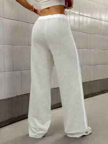 StreetHx 女式数字印花拼接腰部休闲运动街头复古风格长款运动裤，春夏 - 淺灰色 - 查看 2