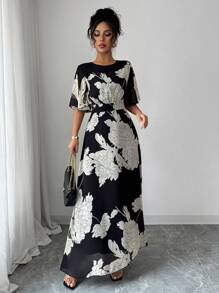 Modelyn Women's Elegant Spring/Summer Round Neck Ruffle Flare Sleeve Fitted Flowy Chiffon Dress - Black - View 3