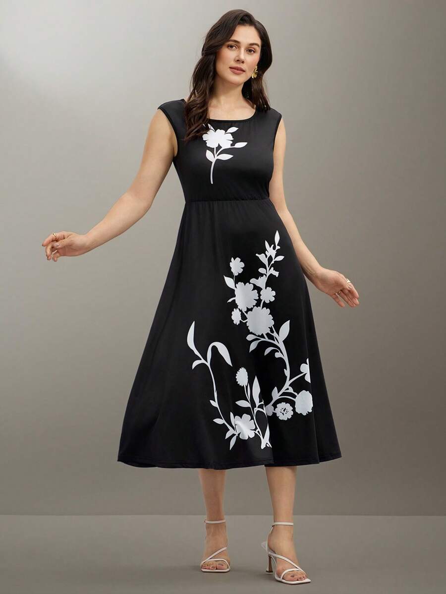 SHEIN Clasi Plus Size Women's Round Neck Sleeveless A-Line Midi Dress, Elegant Casual Summer Party Dress