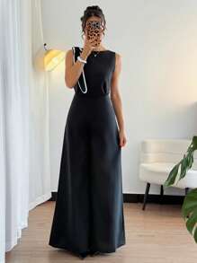 Elenzga Casual Street Style Bow Decor Pocket O-Neck Sleeveless 2 Pieces Set - Black - View 4
