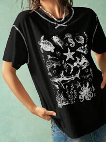 Bohemela T-shirt femme à manches courtes, col ras du cou, ample, imprimé océan, style vacances d'été