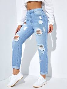 SHEIN PETITE Women's Casual Versatile Everyday Wear Distressed Button Pocket Denim Jeans - Blue - View 5