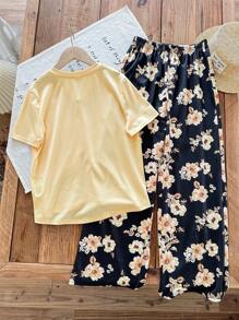 Conjunto de 2 piezas de niña preadolescente con camiseta de manga corta con cuello en V minimalista y conjunto de pijama informal con estampado floral retro