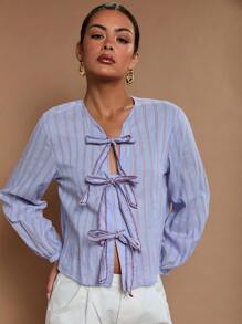 COSMINA Women's Casual Tie Front Striped Print Long Sleeve Shirt - Multicolor - View 5