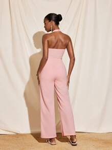 CHAIMA Summer Pastel Pink Halter V Neck Backless Wide-Leg Jumpsuit Women Elegant Casual Wedding Party - Pink - View 2