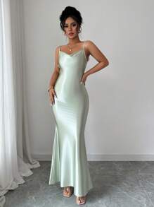 Elenzga Women's Elegant Summer Evening Dress, 3D Floral, Satin Spaghetti Strap Backless Waist Cinched Dress, Suitable For Gala, Party, Luxury Evening Gown - Green - View 3