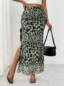 Chiquease Falda elegante de mujer de gasa con estampado de leopardo y cordón en la cintura con abertura