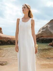 Lumivelle Vestido de suéter jeans feminino sem mangas, cor sólida, vestido camisola, moderno para o verão - Branco - Ver 6