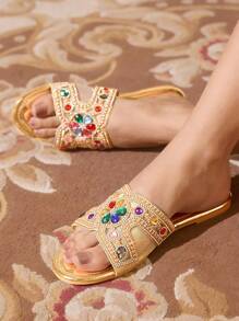 CUCCOO TILAWA New Outdoor Flat Sandals For Women, Pointed Toe Fashion Rhinestone Decor Black Velvet Slides, Soft Sole Casual Comfortable Slip-On Shoes For Party & Commute, Summer - Gold - View 6