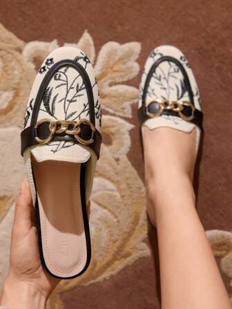 CUCCOO TILAWA Woman Shoes Chain Decor Floral Embroidered Flat Mules For Summer Vacation Shoes Summer Back To School Shoes College Student Shoes Spring Shoes Spring Break Easter